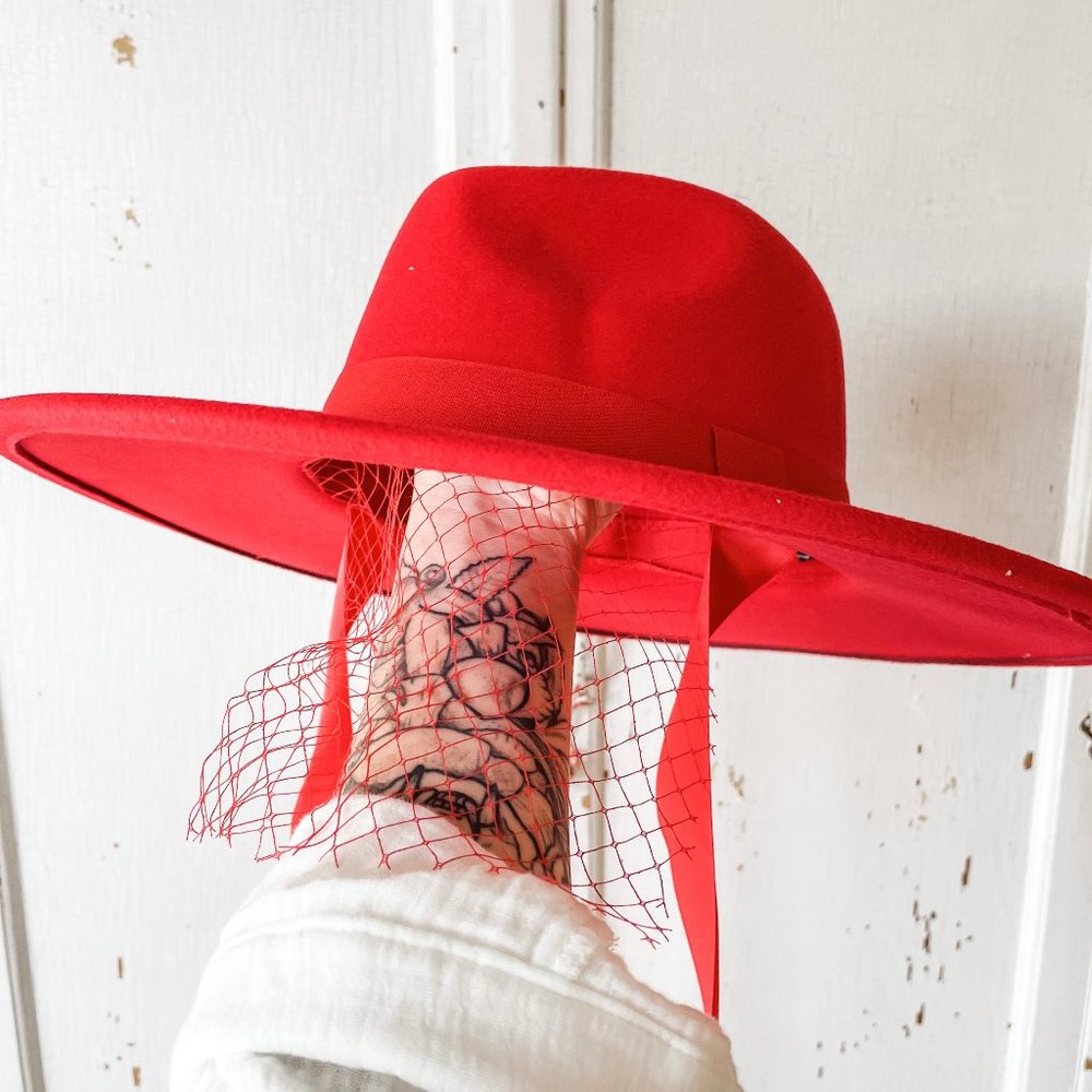 Goth Witch Felt Wide Brim Hat with Veil and Satin Ribbons